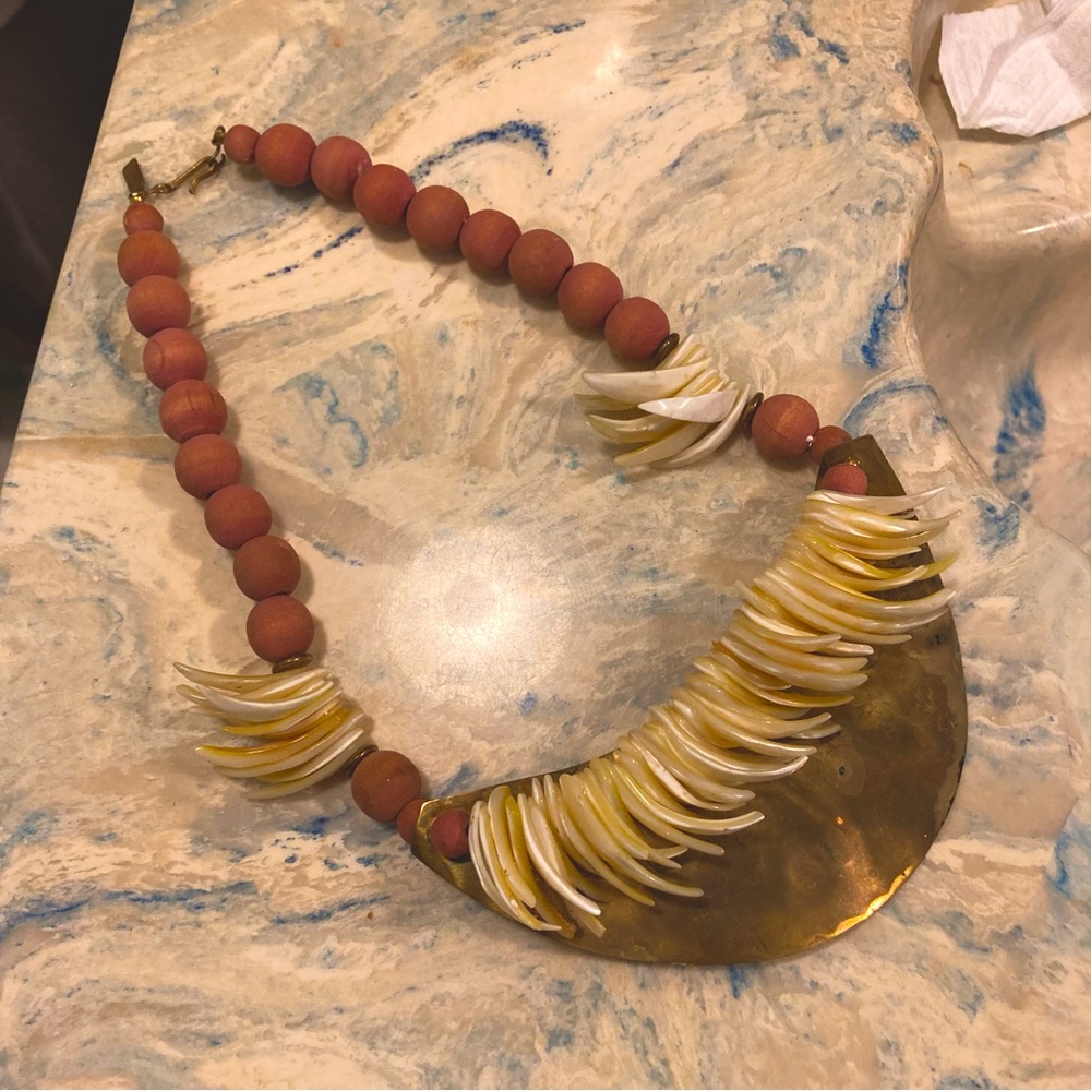 Mother of Pearl chips, red clay beads necklace